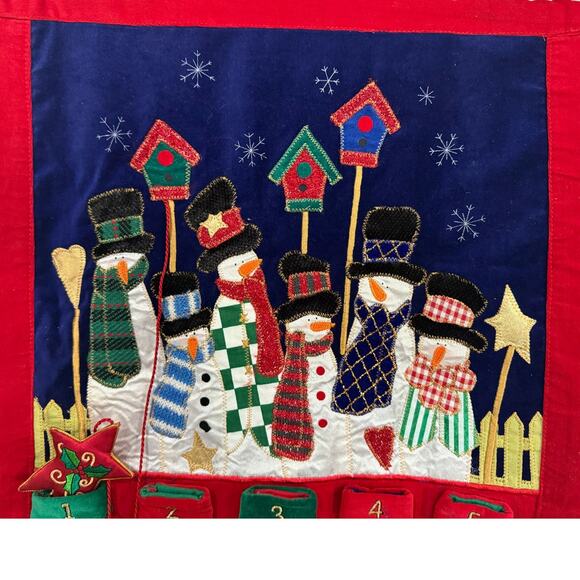 Christmas Count Down Wall Advent Hanging Calendar Snowmen Mittens Pockets Fabric - Picture 2 of 16